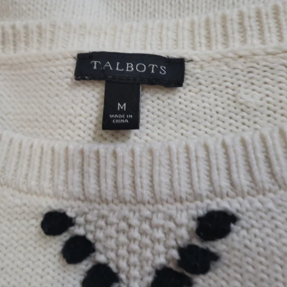 TALBOTS Women's M Velvet Ribbon Sweater Cream Cable Knit Black Ribbon Sweater - Picture 3 of 6